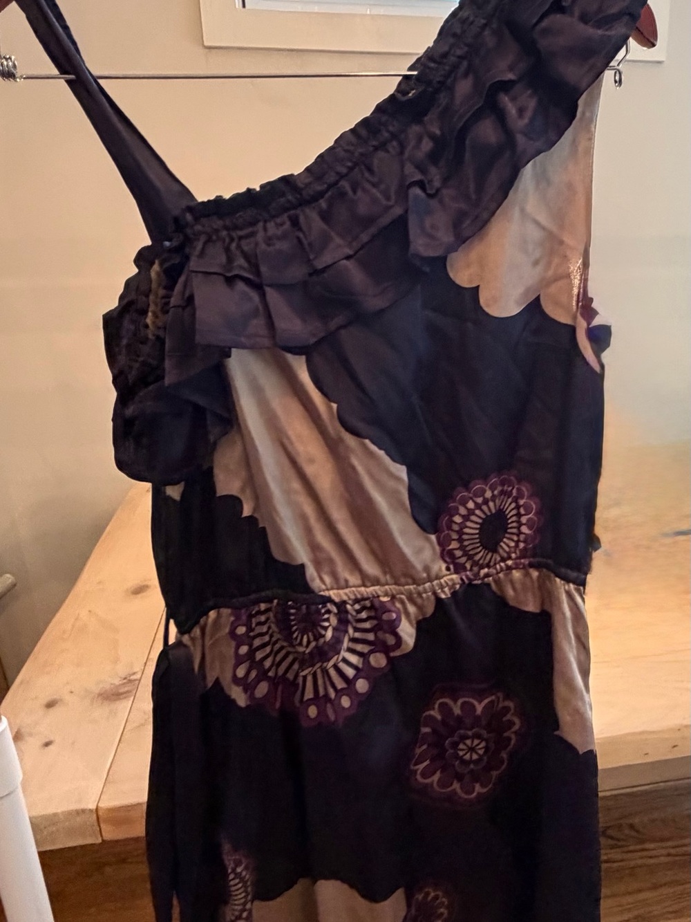 One-Shoulder Black and Taupe Floral Ruffle Dress